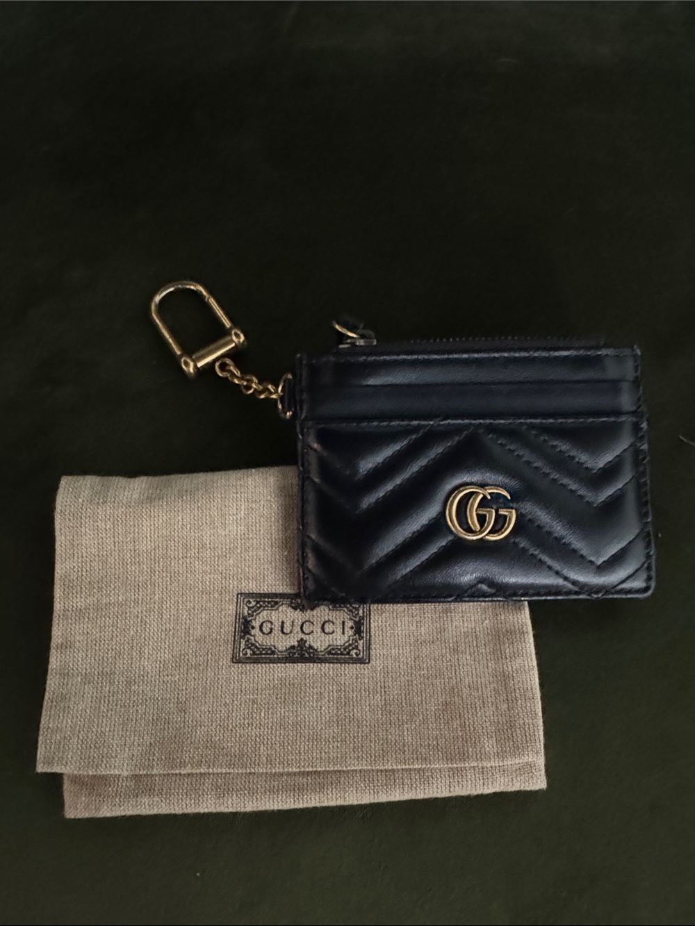 Gucci Black Marmot Quilted GG Leather Card Case with Gold Key Clip